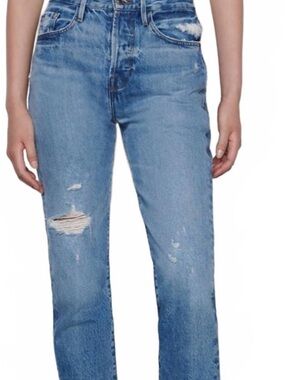 Frame Denim Straight-Leg Distressed Jeans in Light Blue